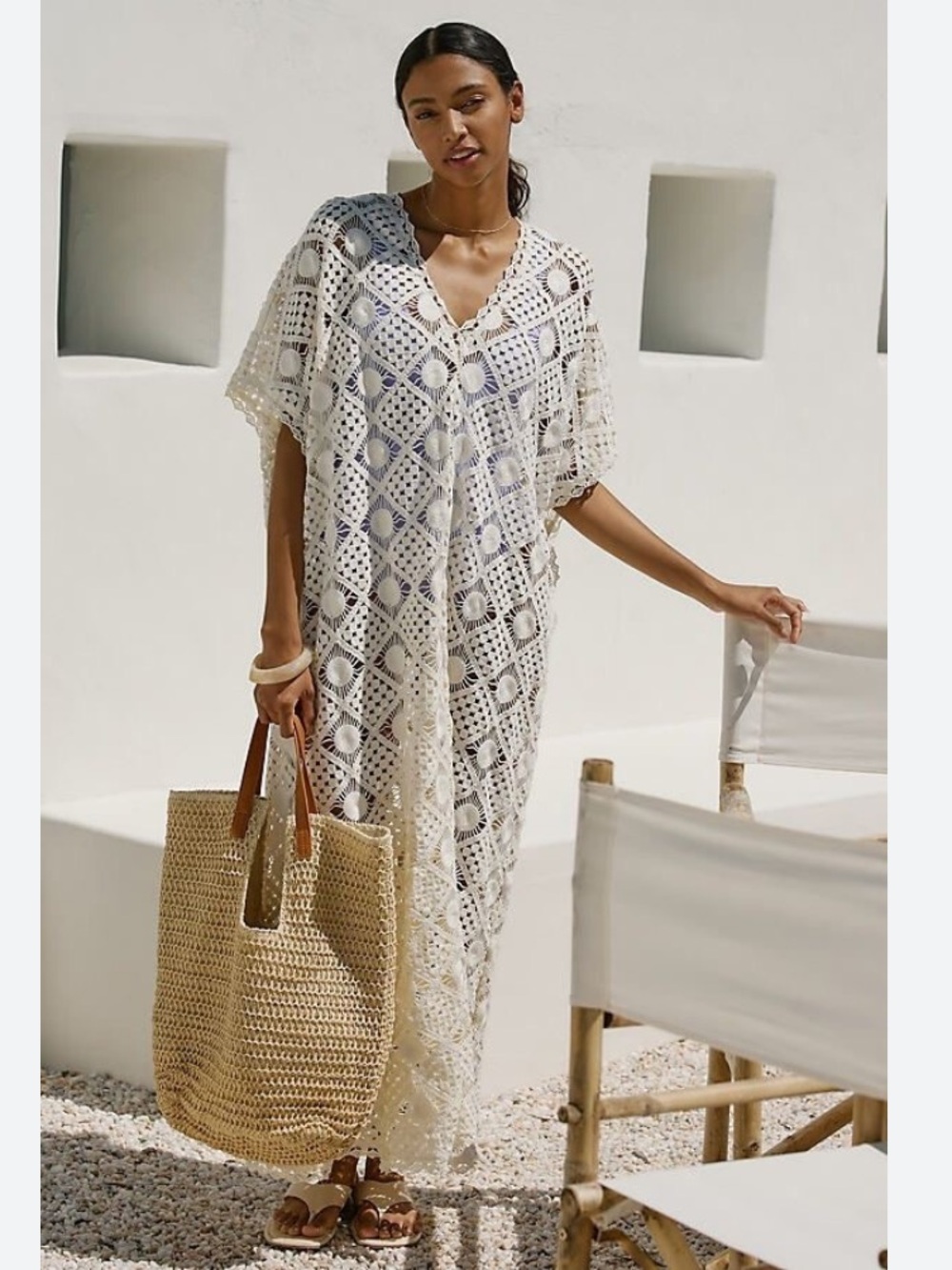 New Anthropologie Crochet Woven Knit Boho Cream Kaftan Kimono Cover Up Dress XS